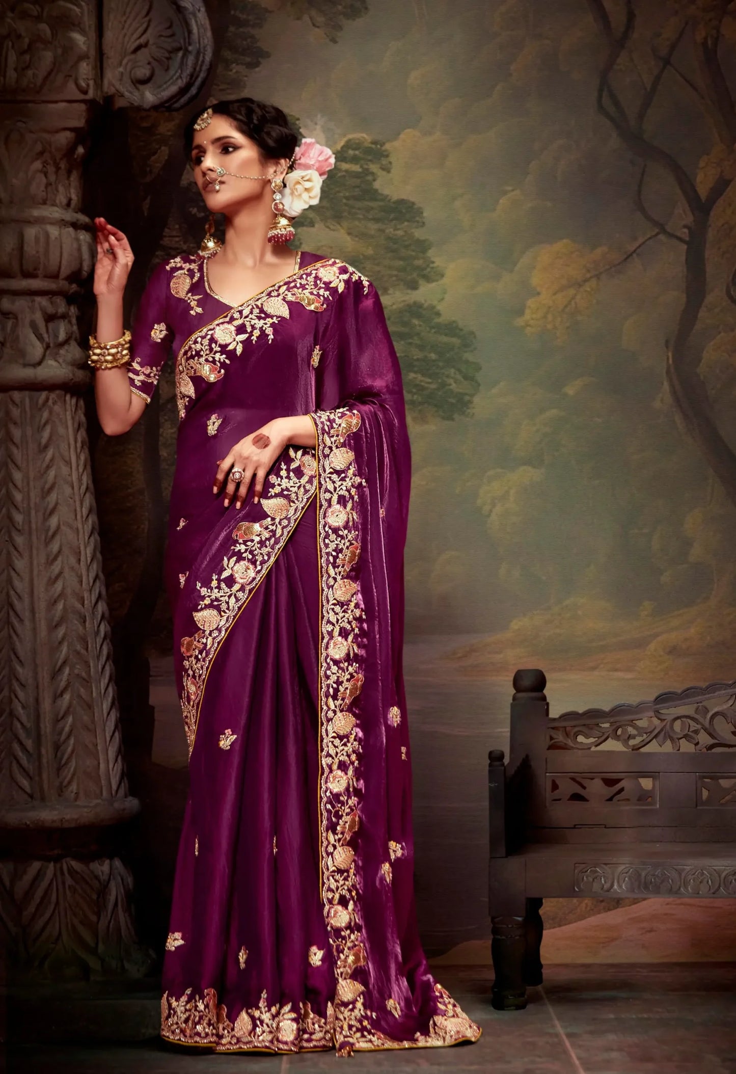Wine Purple Wedding Zari Work Enhanced Tissue Silk Saree