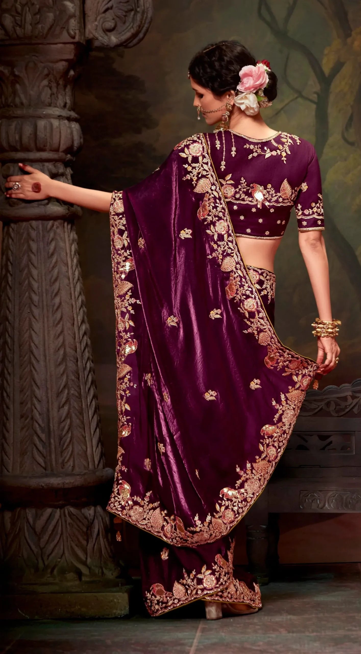 Wine Purple Wedding Zari Work Enhanced Tissue Silk Saree