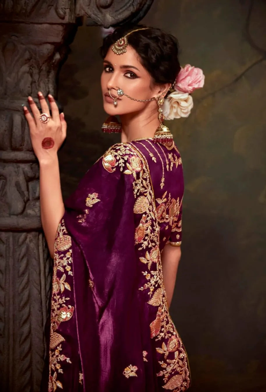 Wine Purple Wedding Zari Work Enhanced Tissue Silk Saree