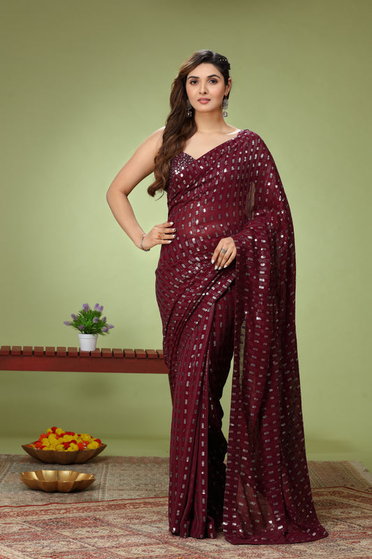 Wine sequinned Pure Georgette saree