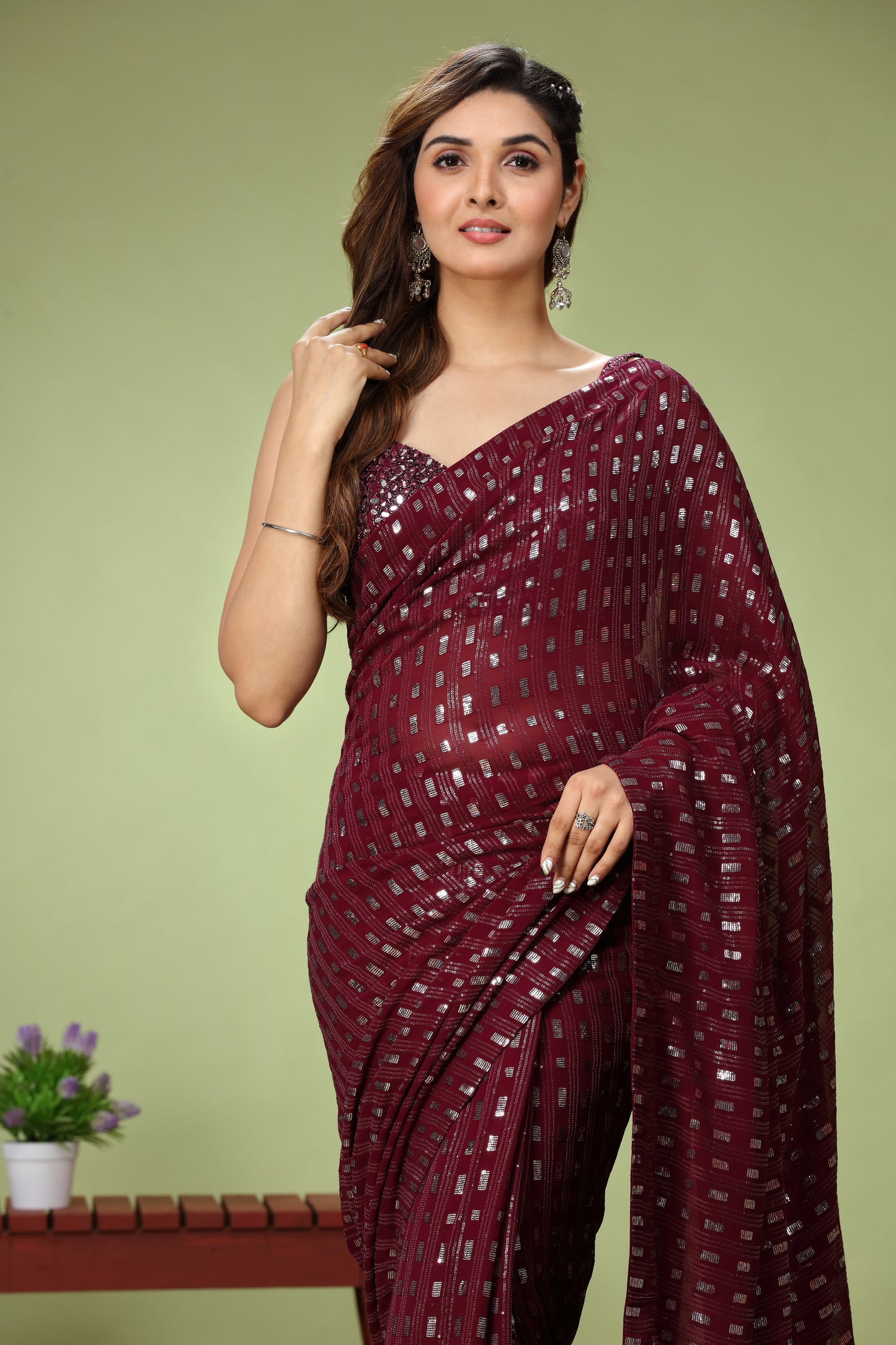 Wine sequinned Pure Georgette saree