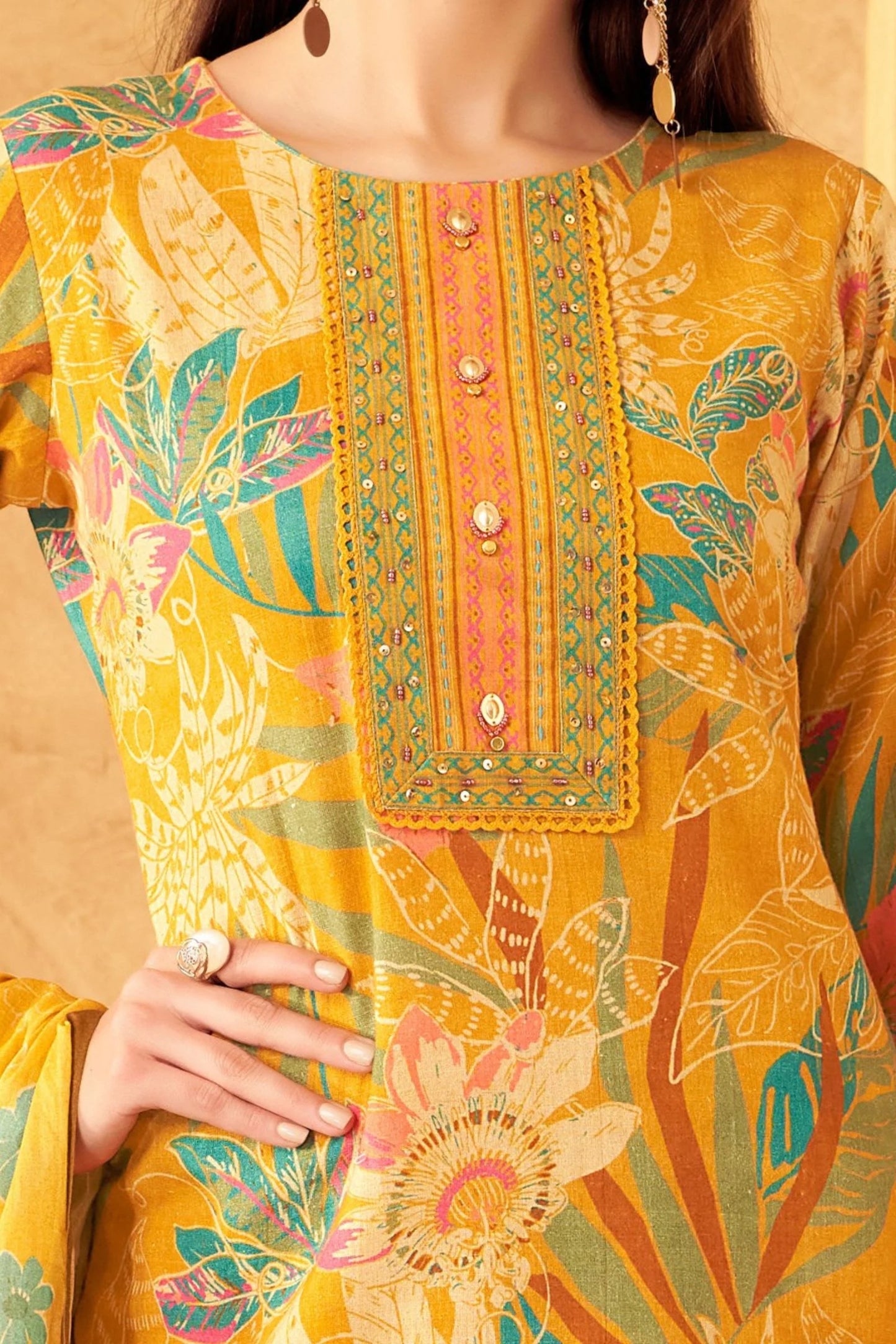 Yellow Beads Work With Floral Print Straight Cut Salwar Suit