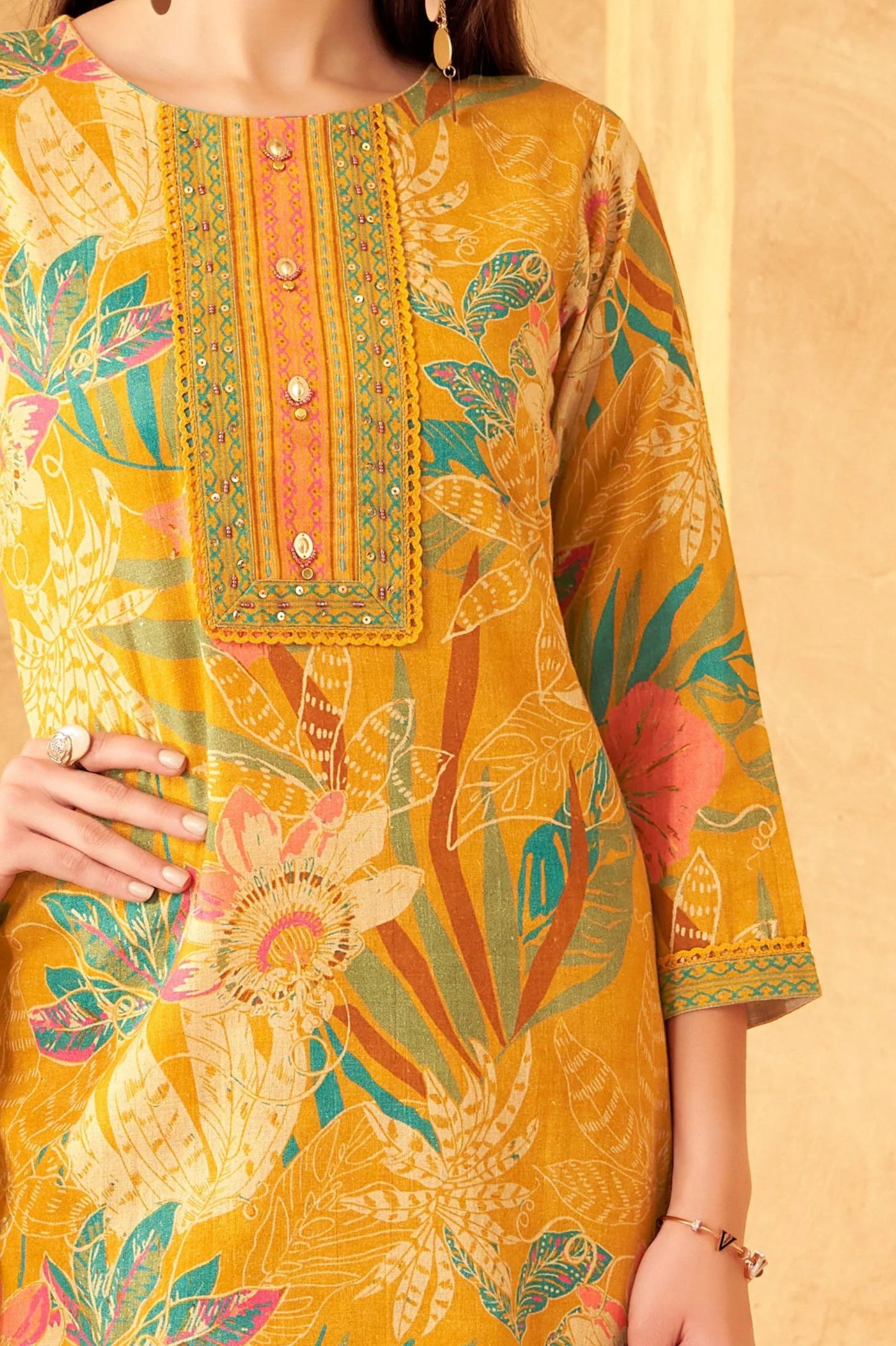 Yellow Beads Work With Floral Print Straight Cut Salwar Suit