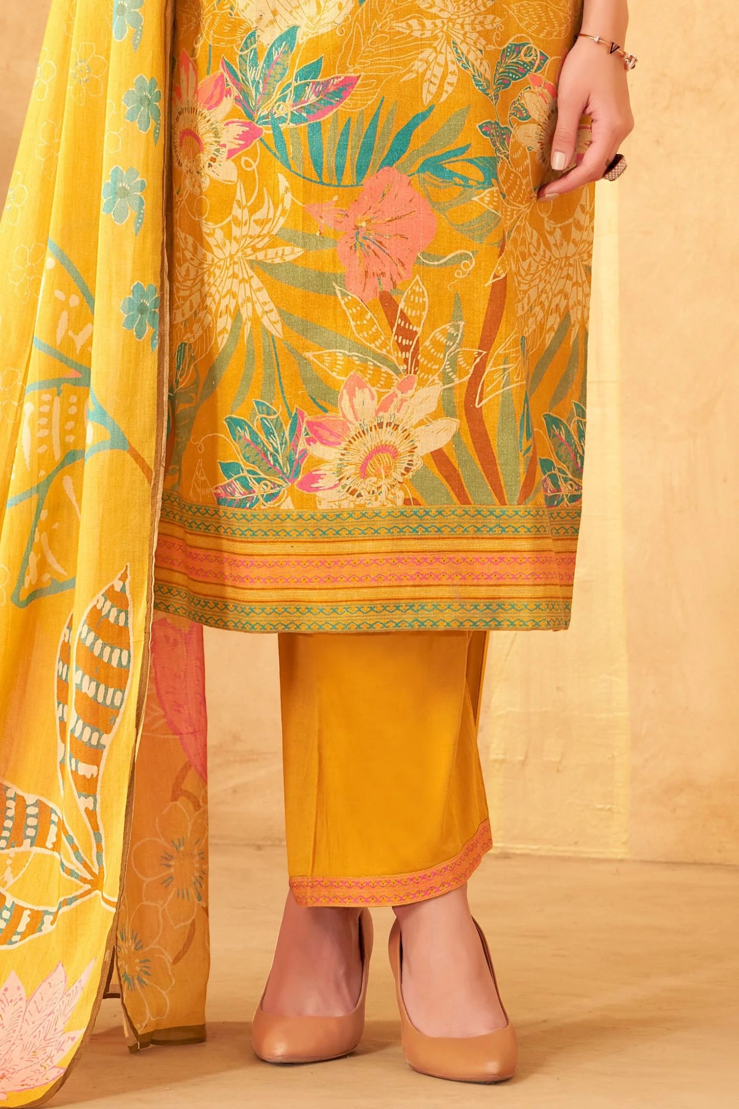 Yellow Beads Work With Floral Print Straight Cut Salwar Suit