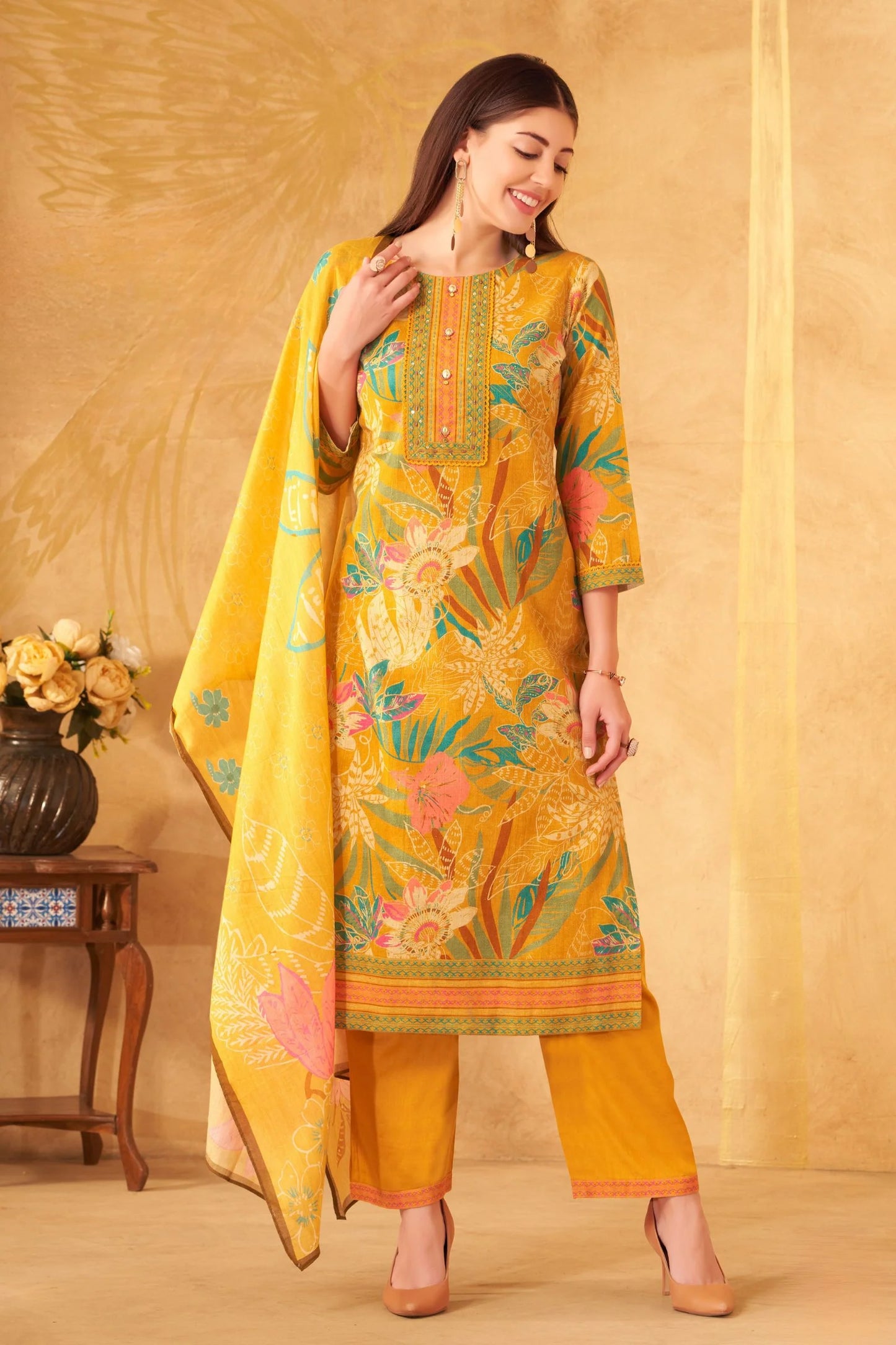 Yellow Beads Work With Floral Print Straight Cut Salwar Suit