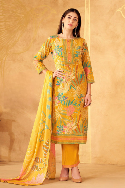 Yellow Beads Work With Floral Print Straight Cut Salwar Suit