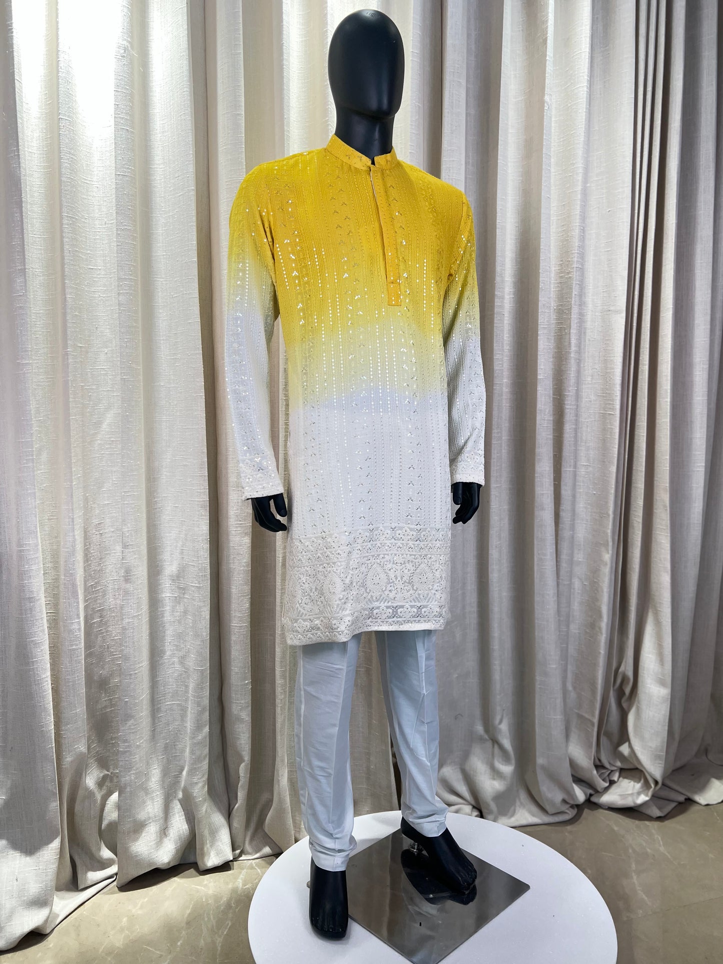 Yellow-White Ombre Chikankari Kurta with Sequin Embellishments