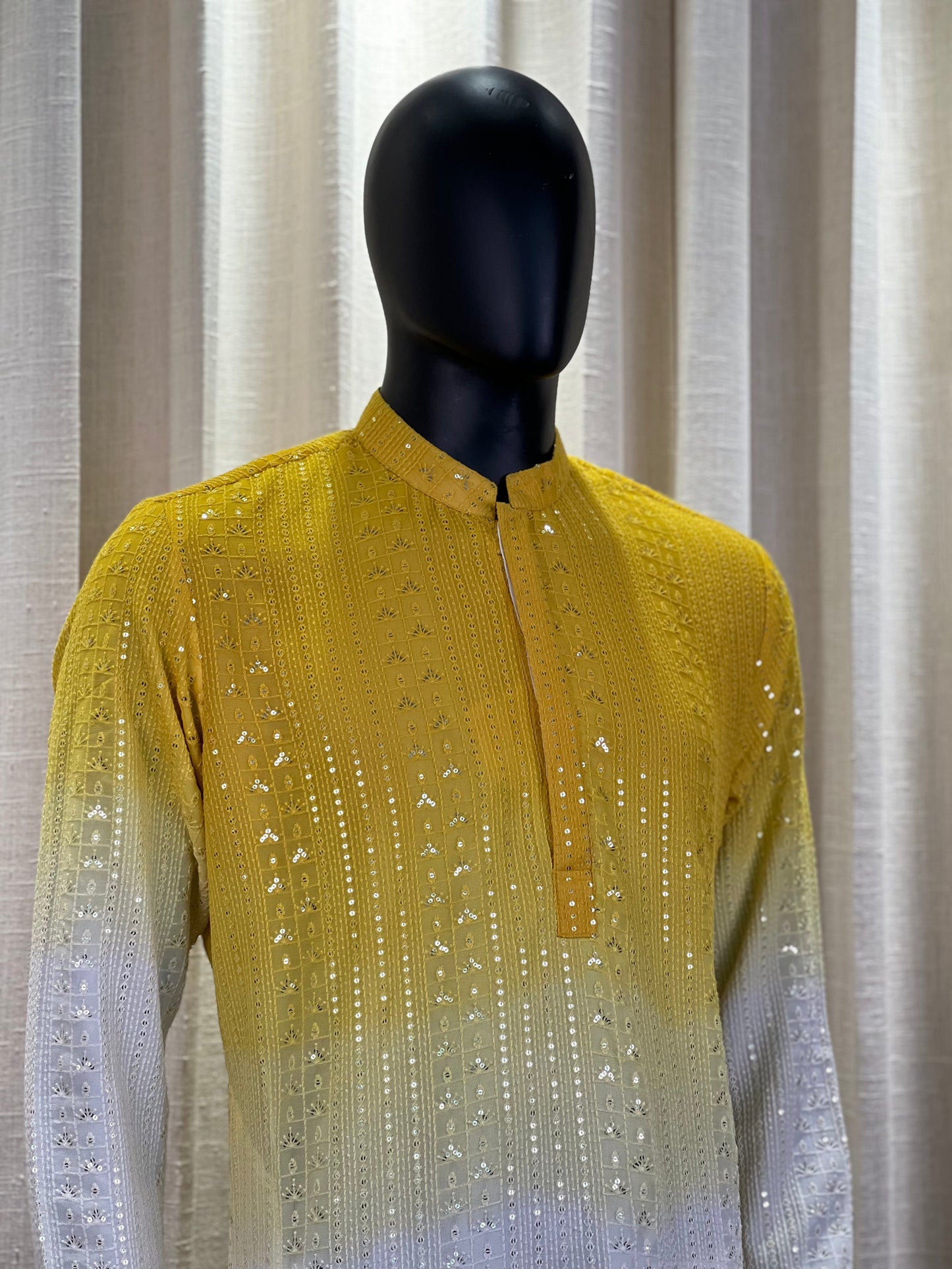Yellow-White Ombre Chikankari Kurta with Sequin Embellishments