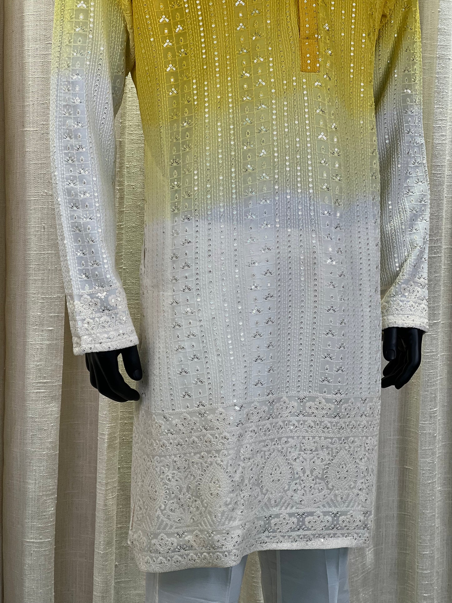 Yellow-White Ombre Chikankari Kurta with Sequin Embellishments