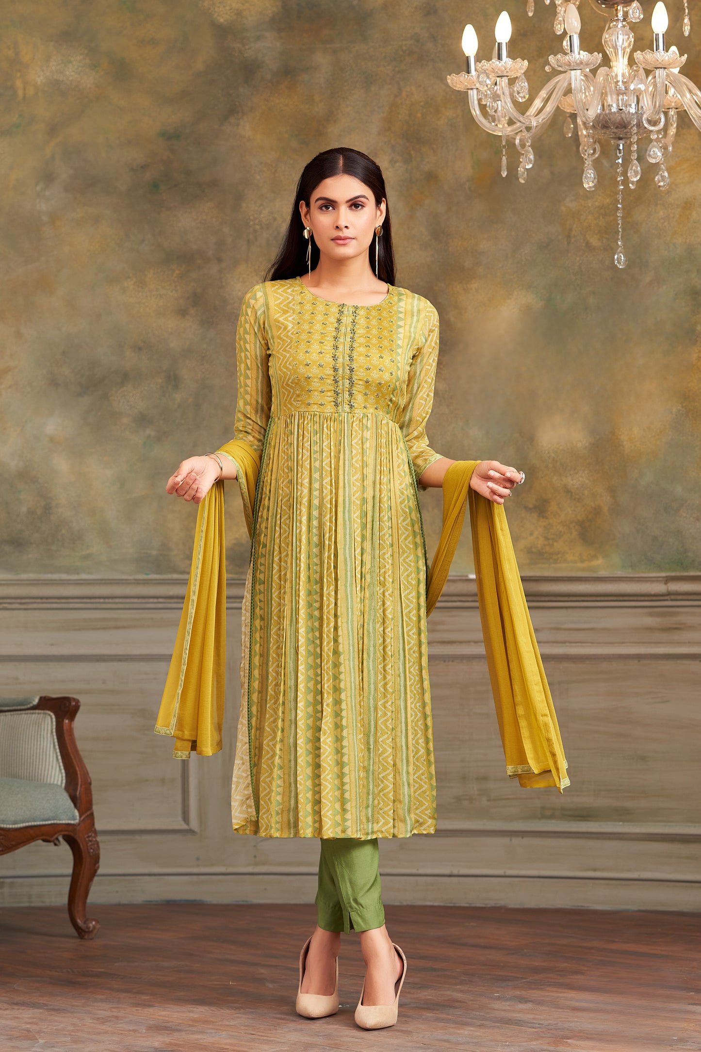 Yellow And Light Green Muslin Silk Printed Kurti Set