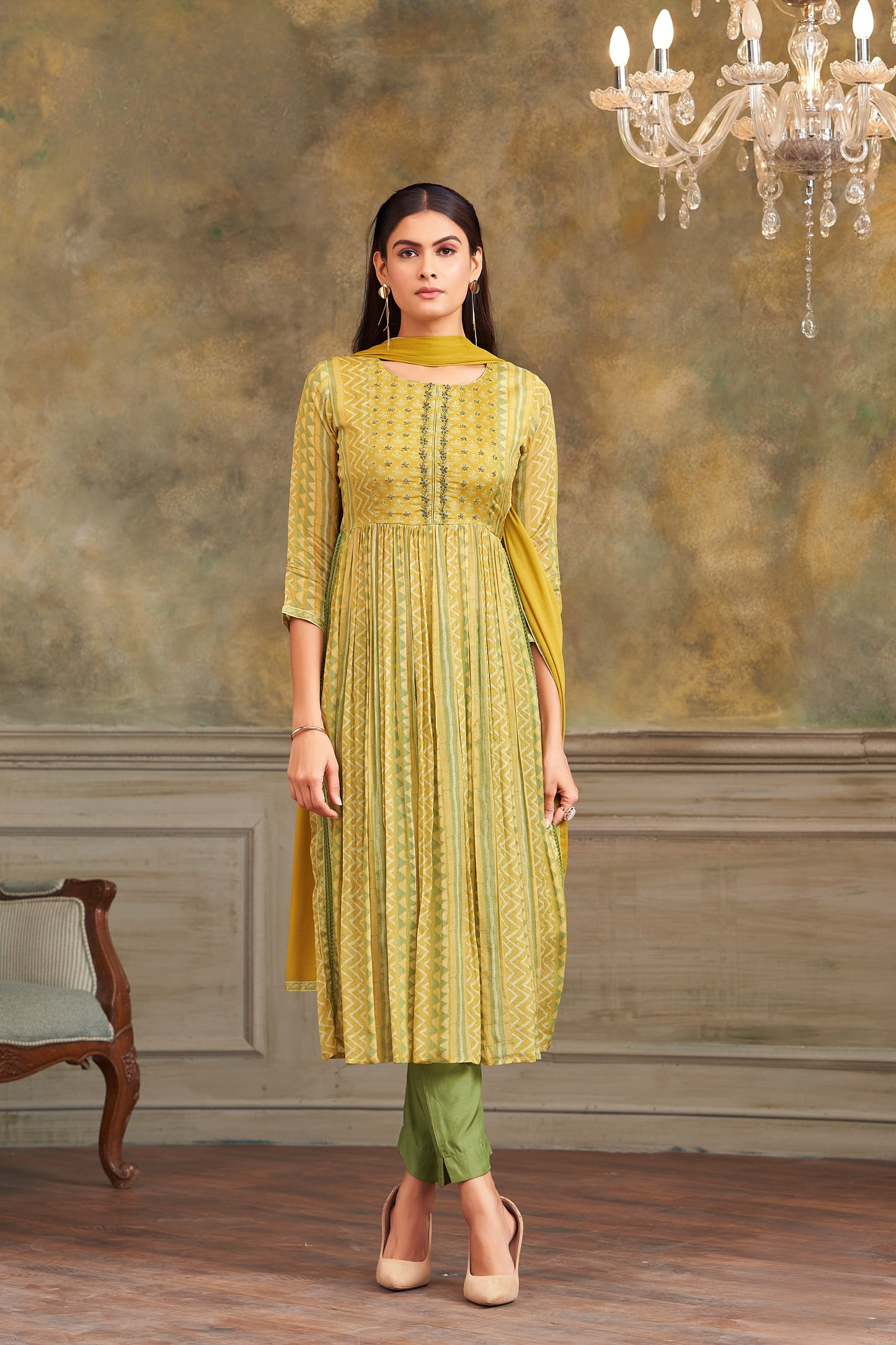Yellow And Light Green Muslin Silk Printed Kurti Set