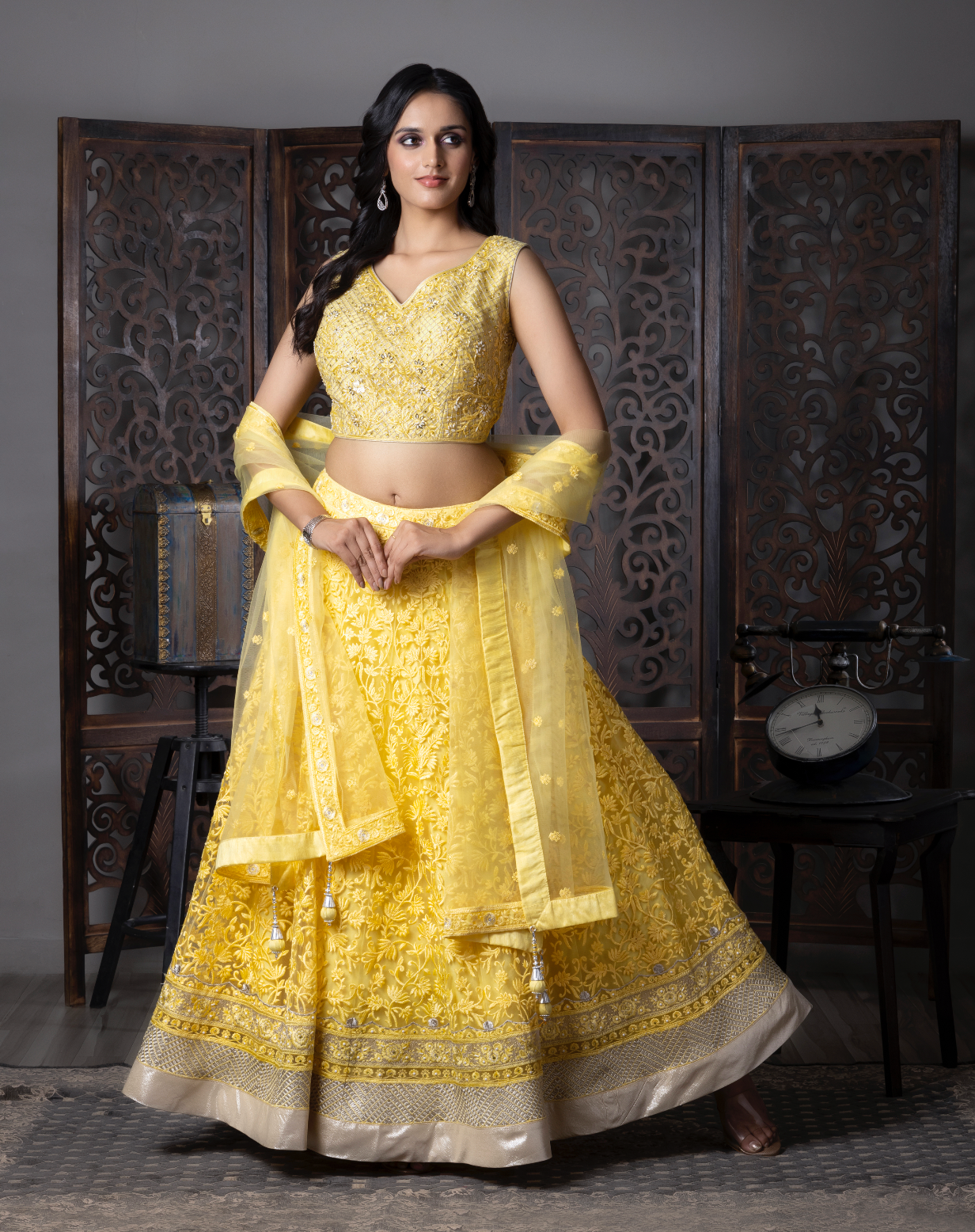 Yellow Embroidered Net Lehenga Choli