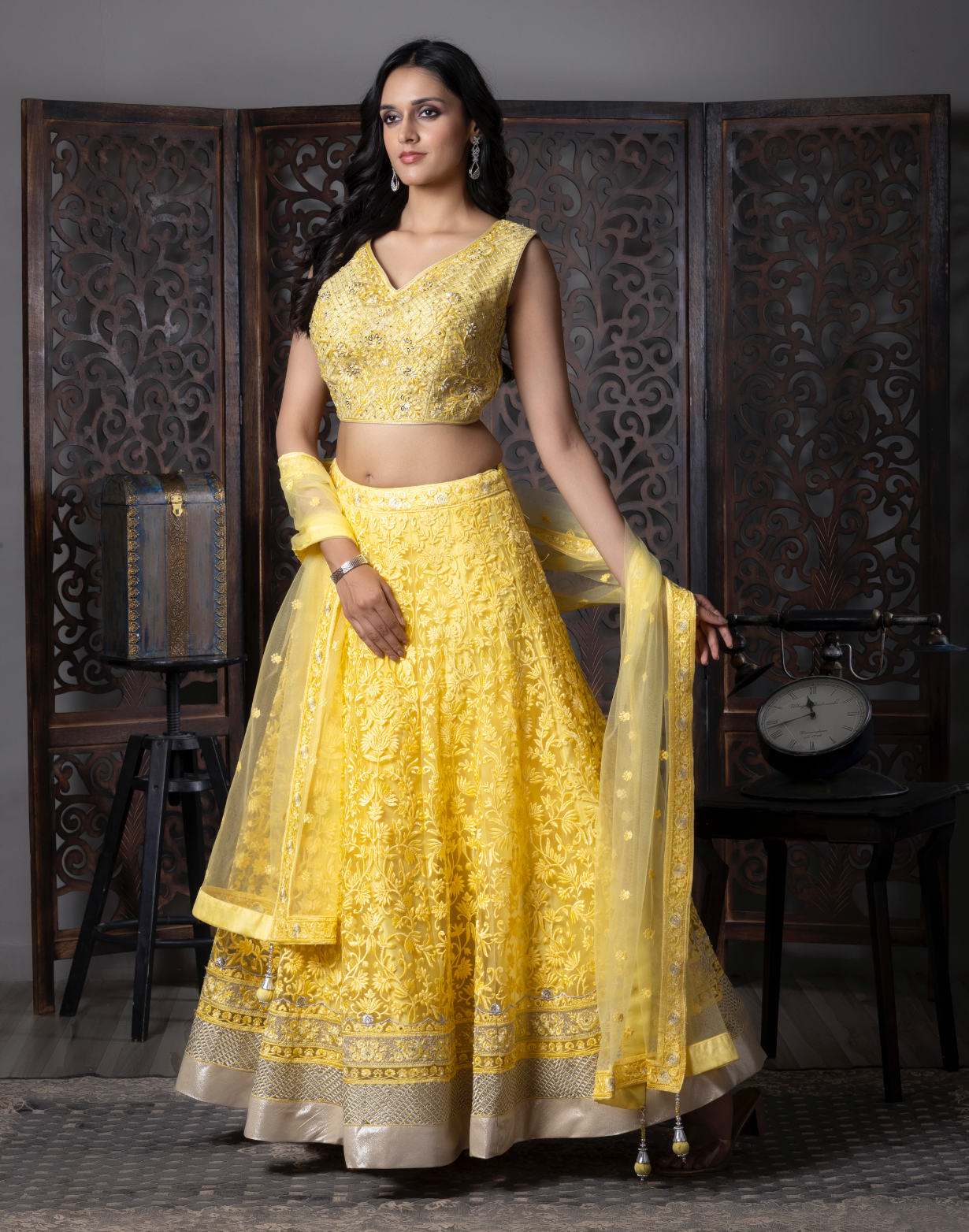 Yellow Embroidered Net Lehenga Choli