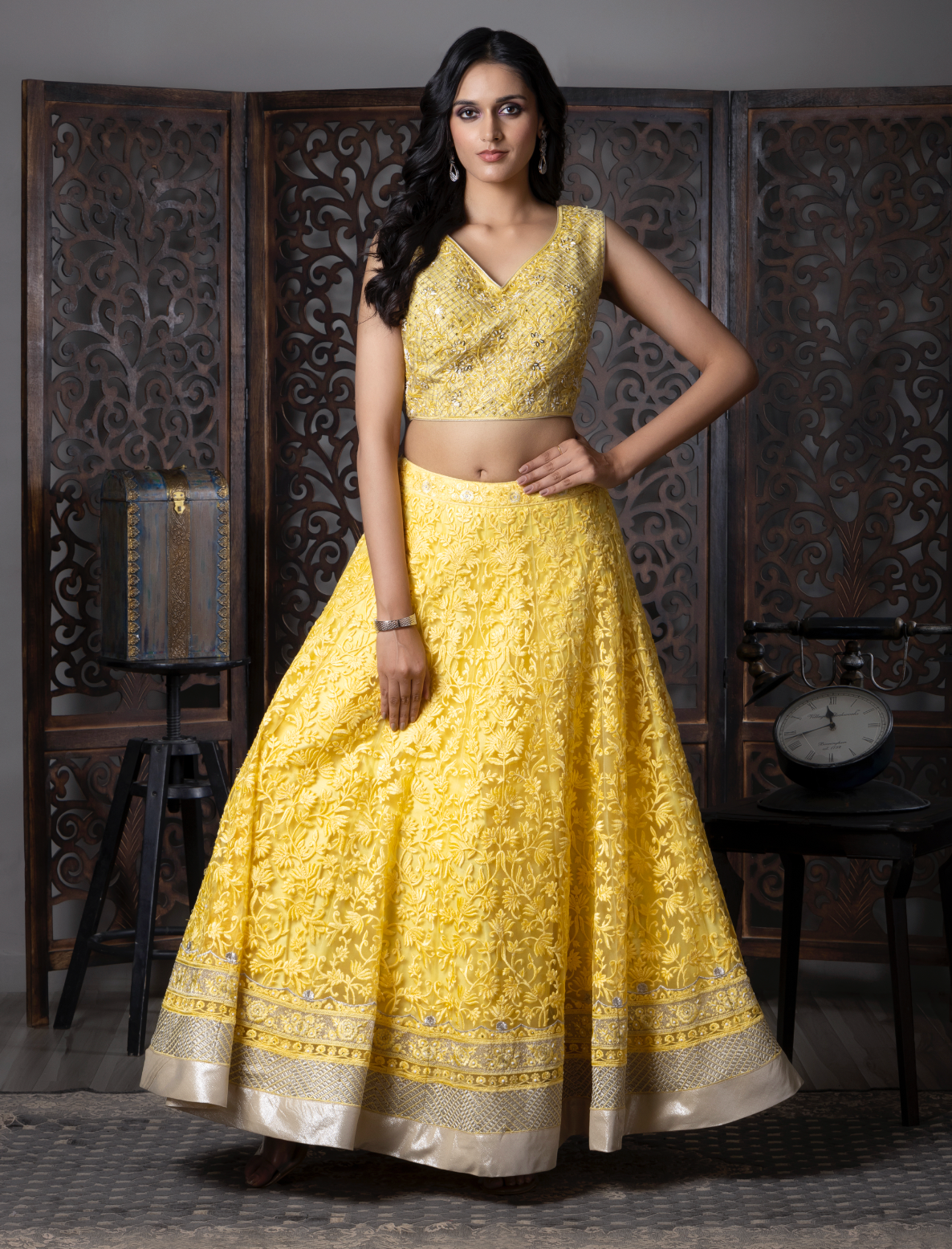 Yellow Embroidered Net Lehenga Choli