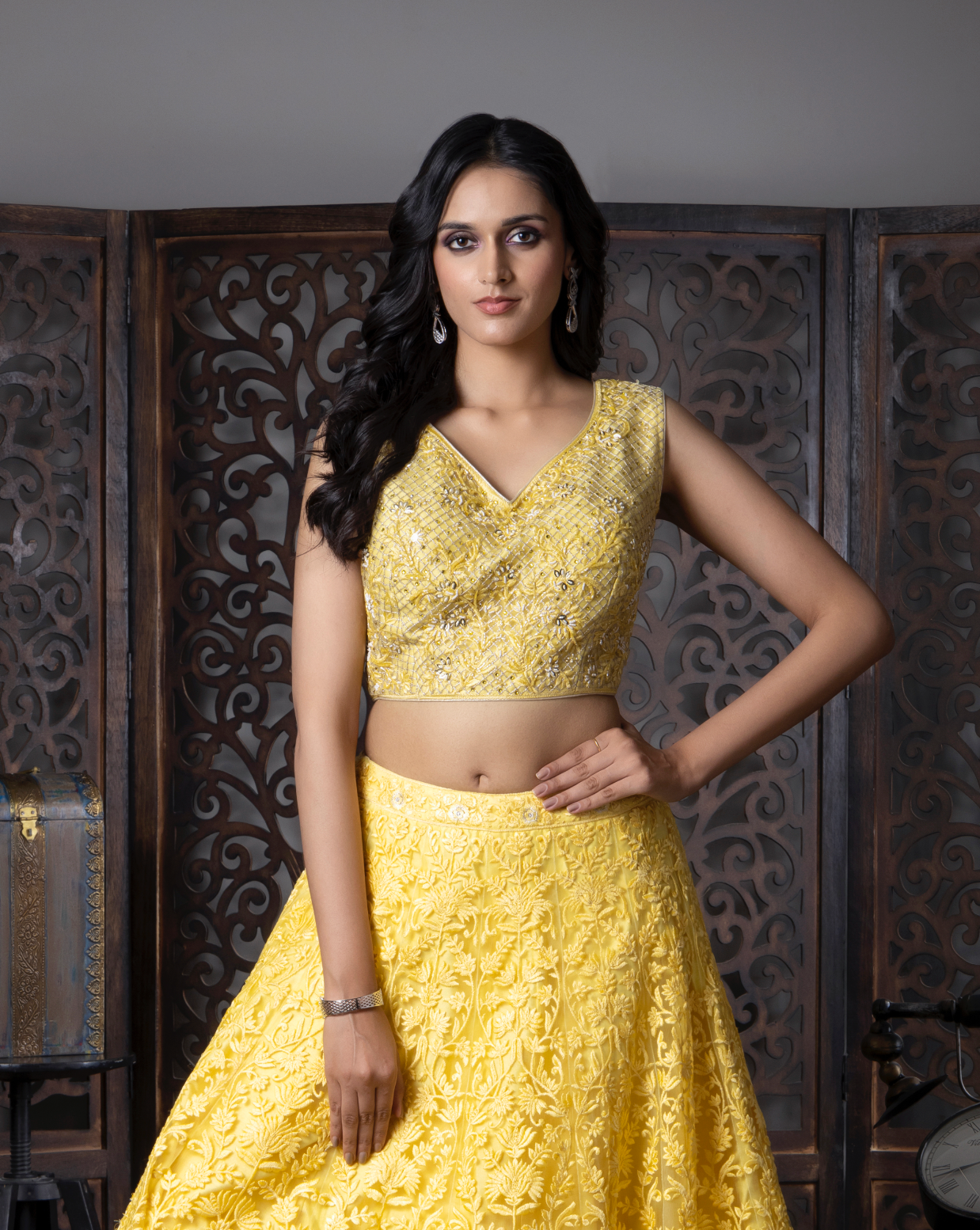 Yellow Embroidered Net Lehenga Choli