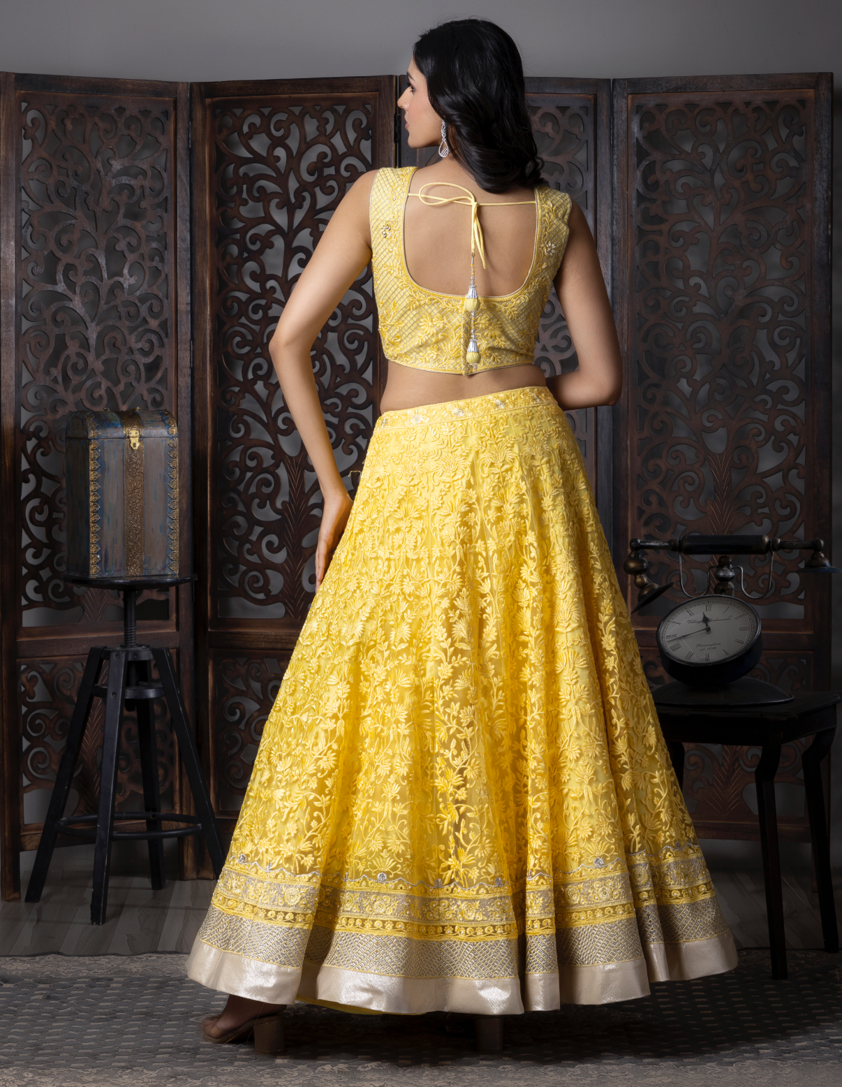 Yellow Embroidered Net Lehenga Choli
