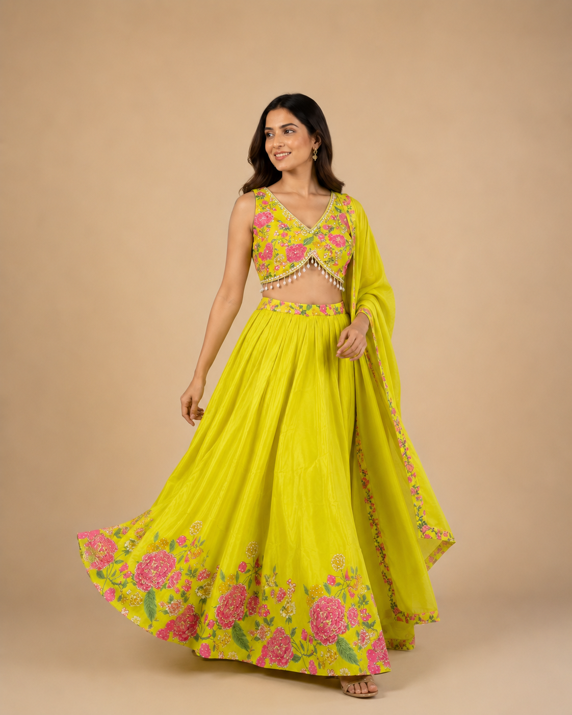 Yellow Floral Printed Lehenga Choli with Pearl Tassel Blouse and Dupatta