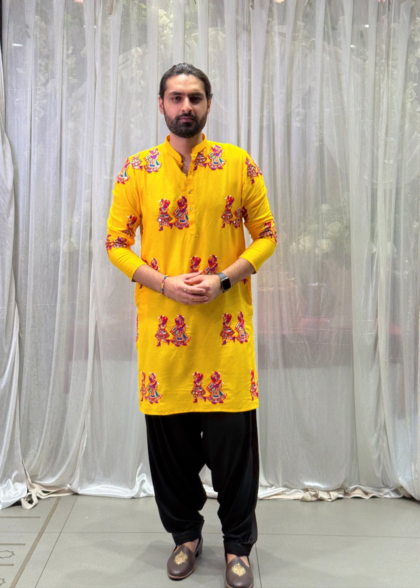 Yellow Kutchi Work Cotton Kurta
