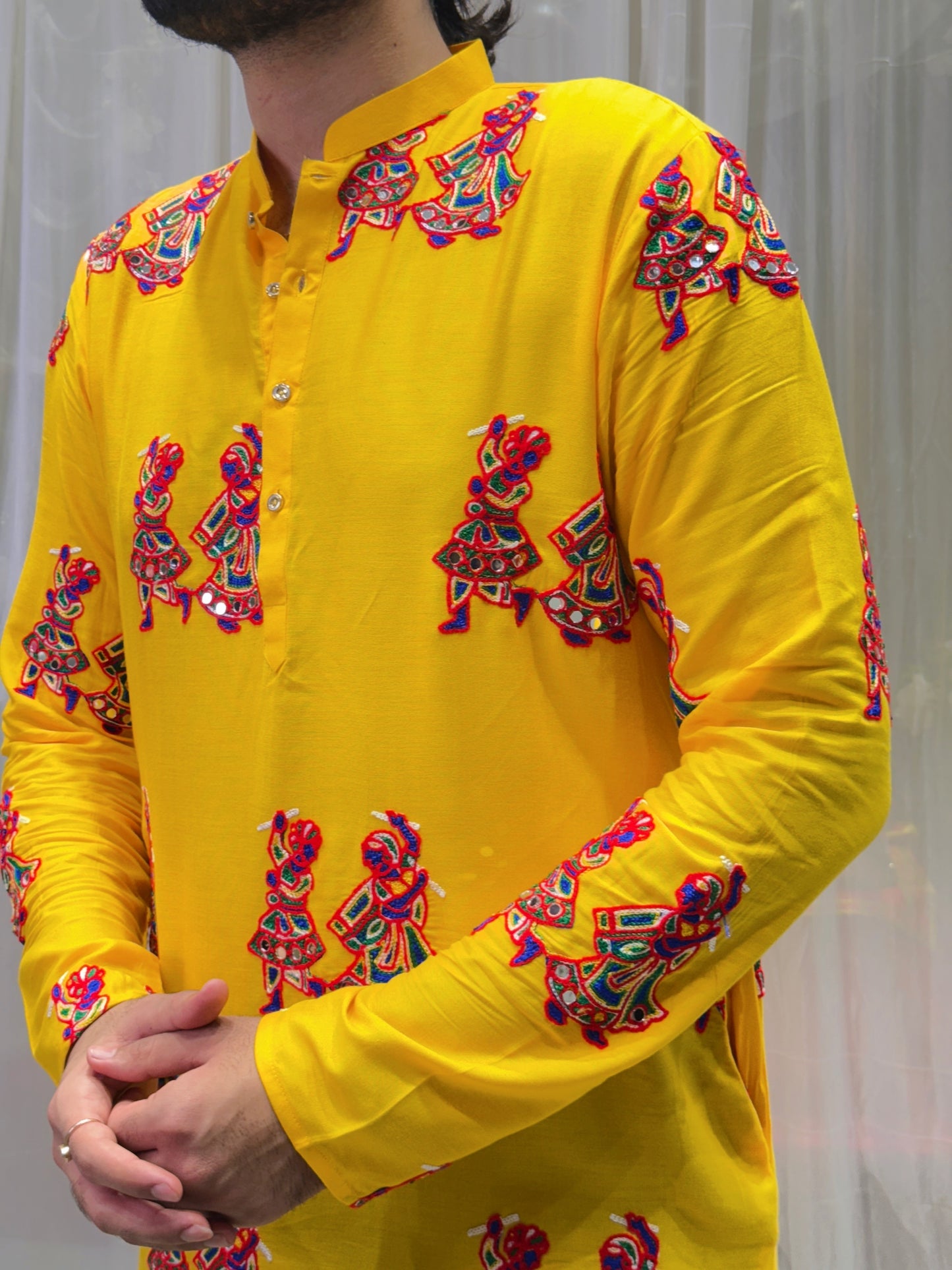 Yellow Kutchi Work Cotton Kurta