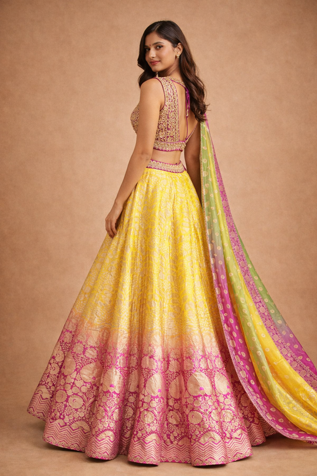 Yellow & Rani Pink Banarasi Lehenga with Gold Zari Weaving
