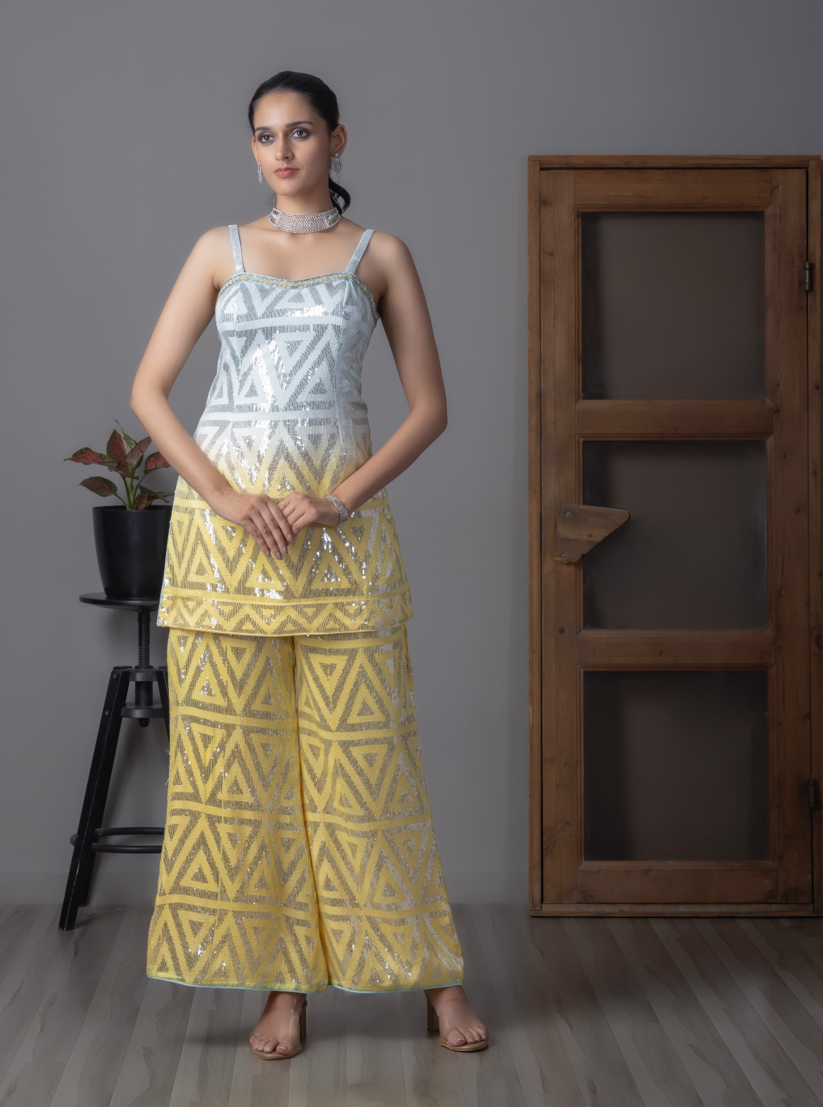 Yellow & Sky blue Sequins Work Kurti Set