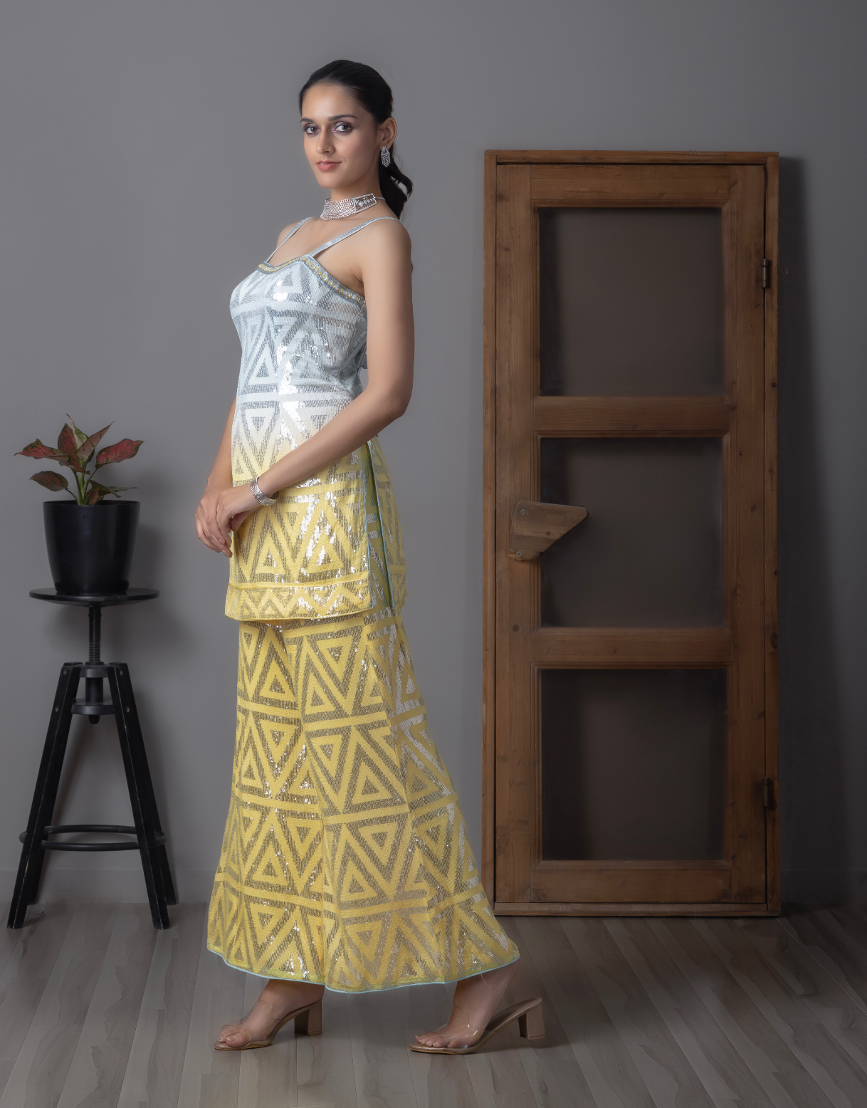 Yellow & Sky blue Sequins Work Kurti Set