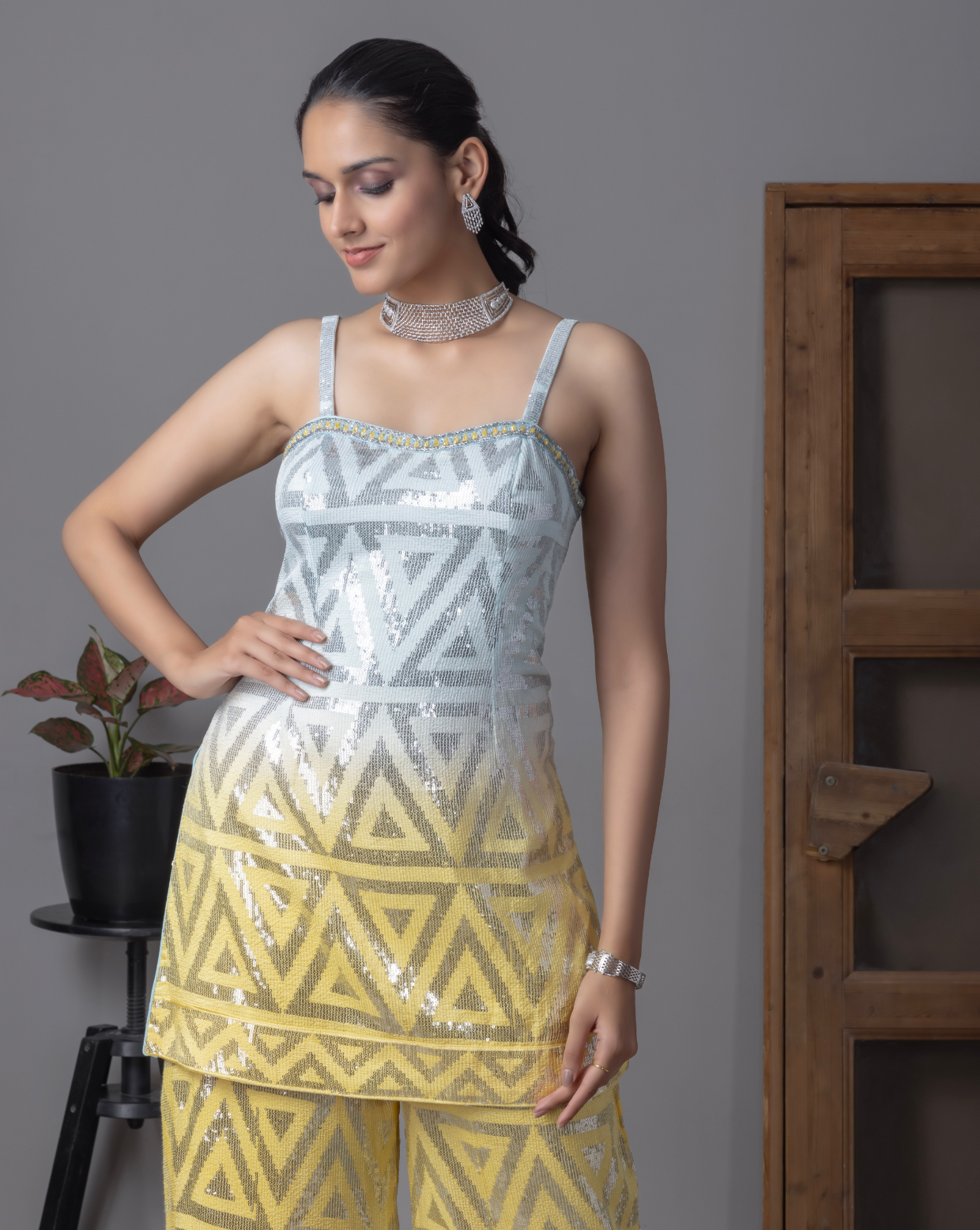 Yellow & Sky blue Sequins Work Kurti Set