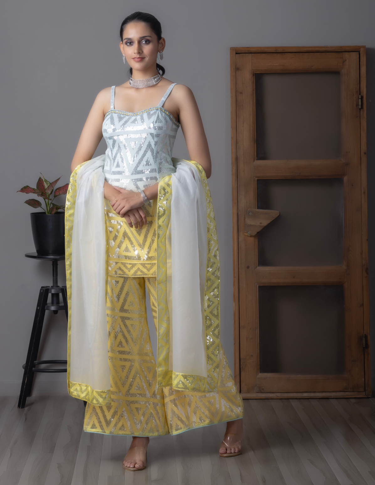 Yellow & Sky blue Sequins Work Kurti Set