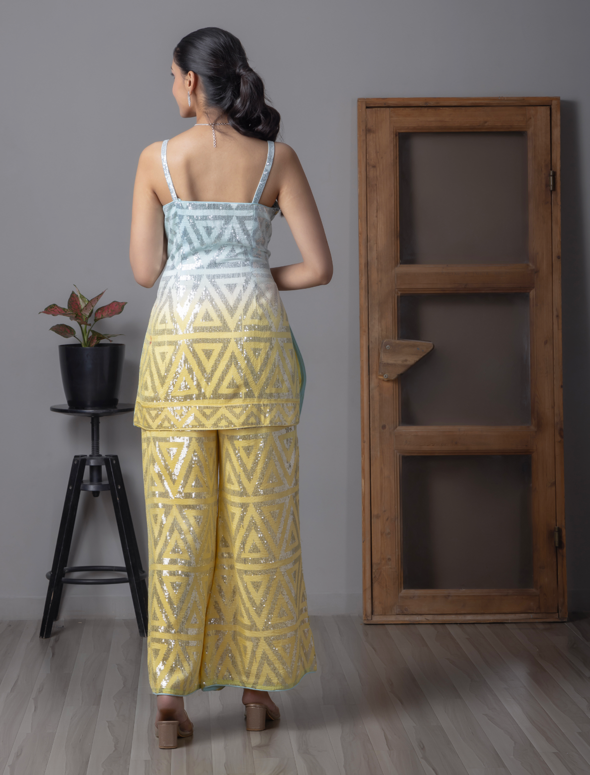 Yellow & Sky blue Sequins Work Kurti Set