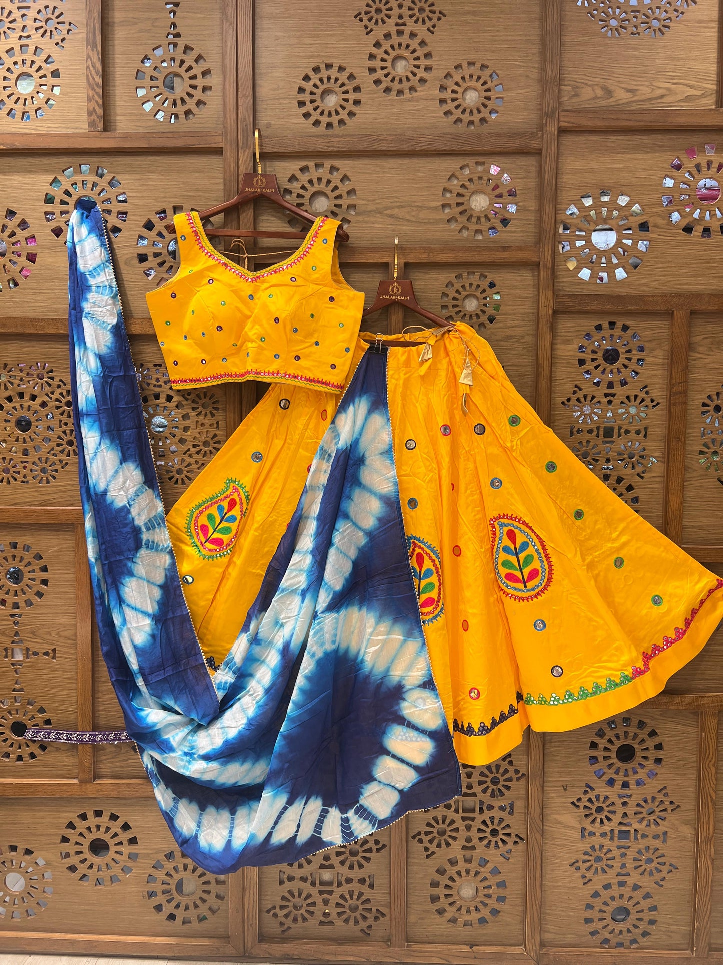 Yellow and Blue Gujarati Navratri Chaniya Choli with Mirror Work