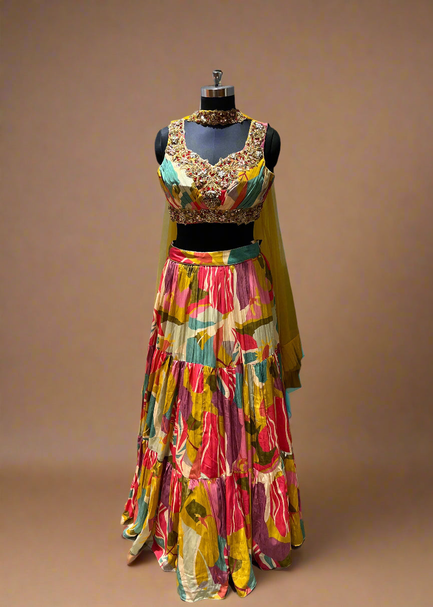 Yellow and Pink Abstract Print Lehenga with Beaded Blouse