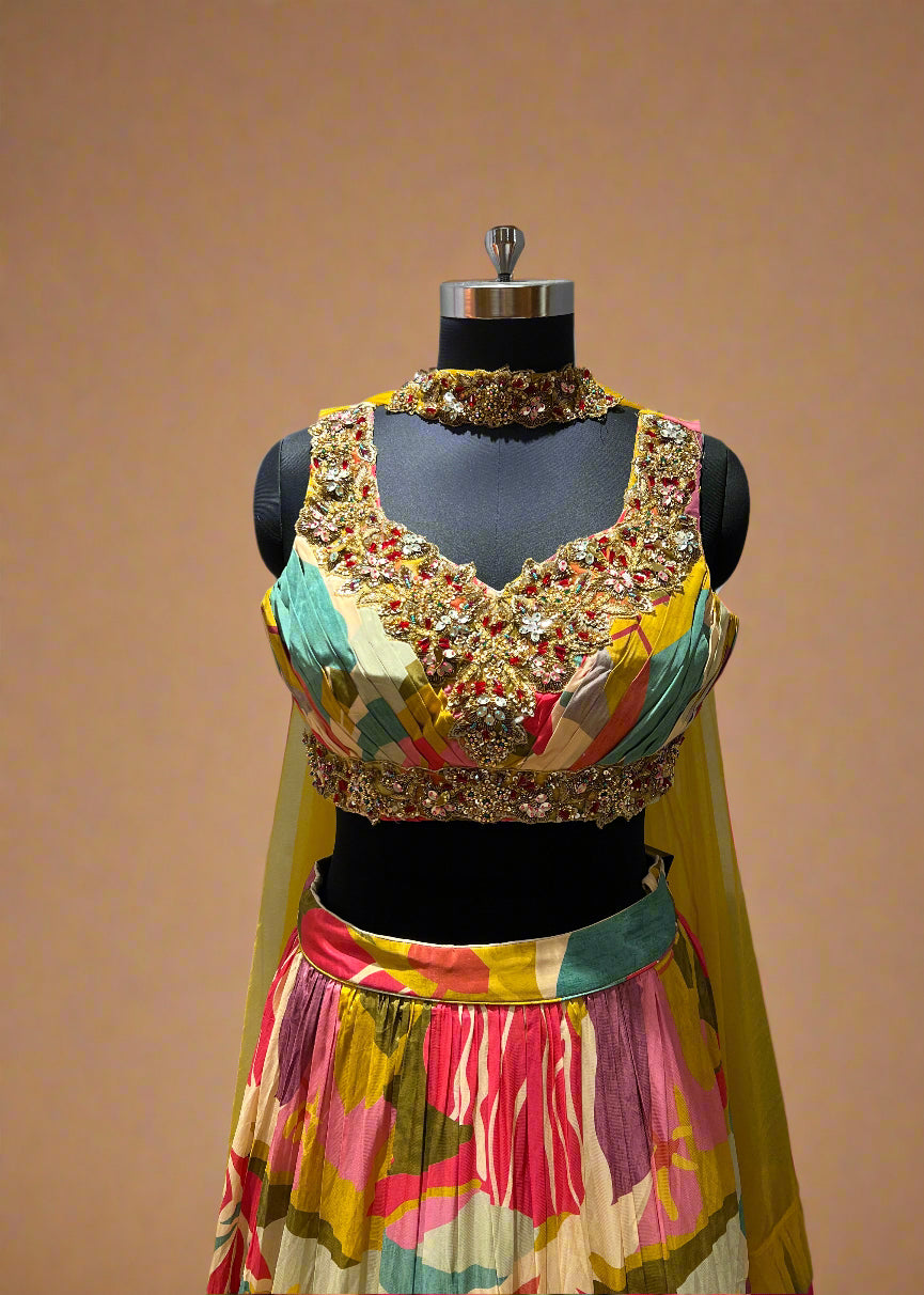 Yellow and Pink Abstract Print Lehenga with Beaded Blouse