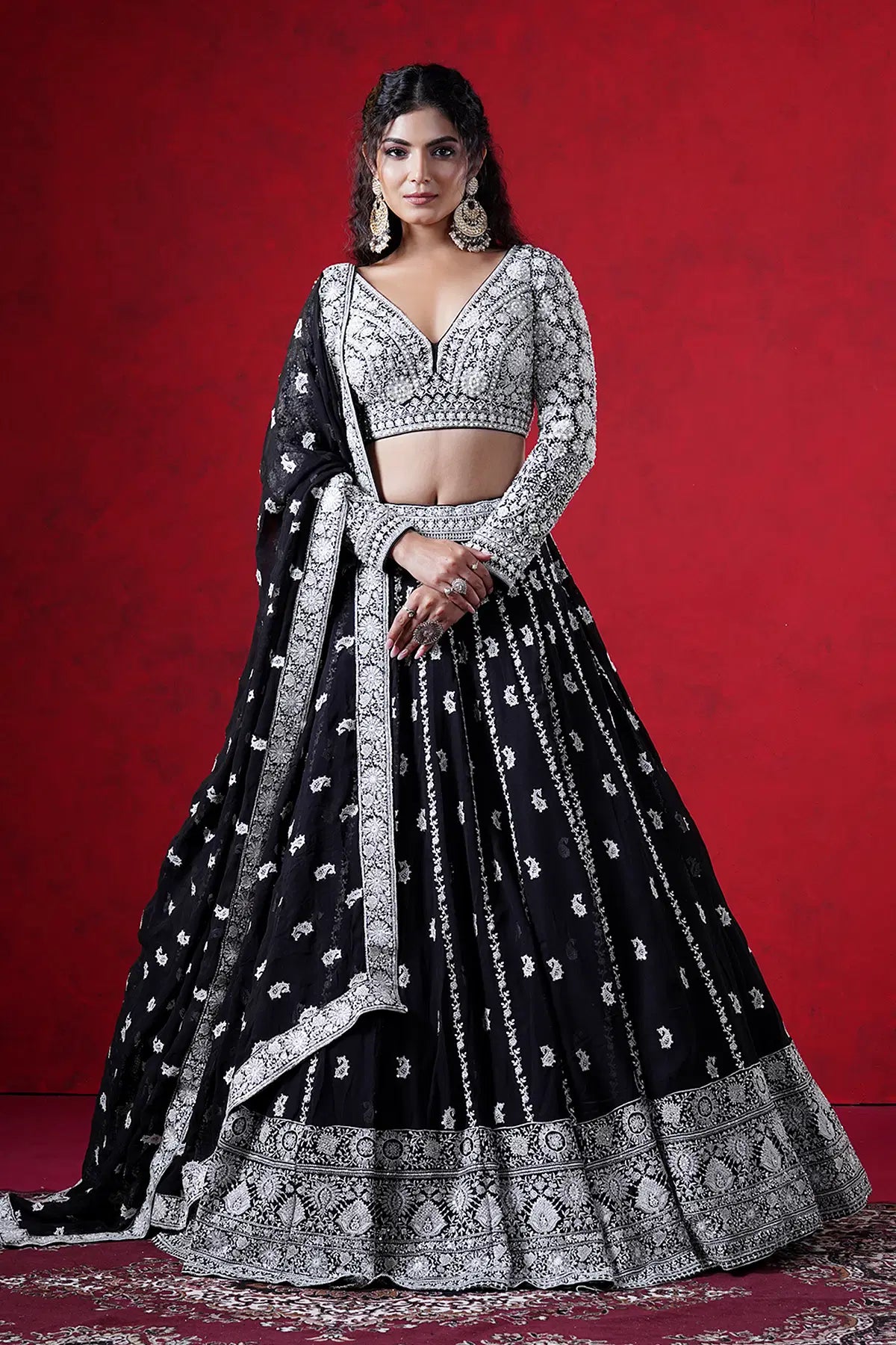 Black Resham Embroidered Georgette Lehenga Set Sale price