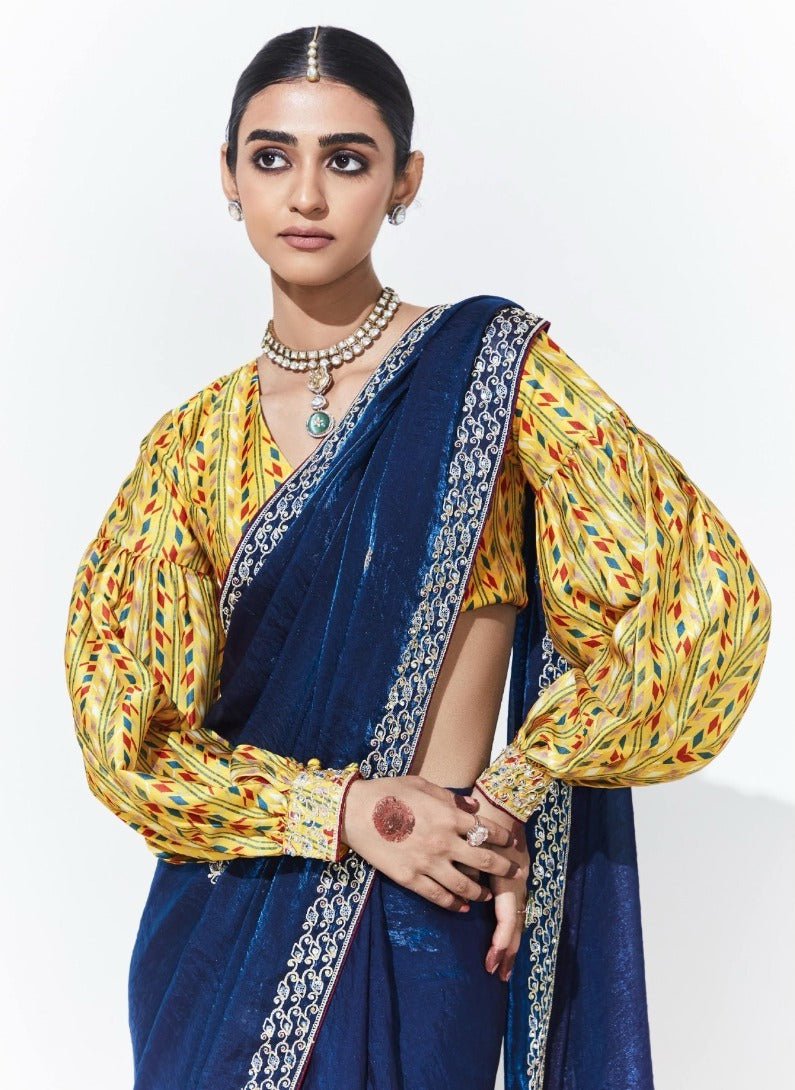 Blue Organza Saree with Yellow Satin Silk Blouse