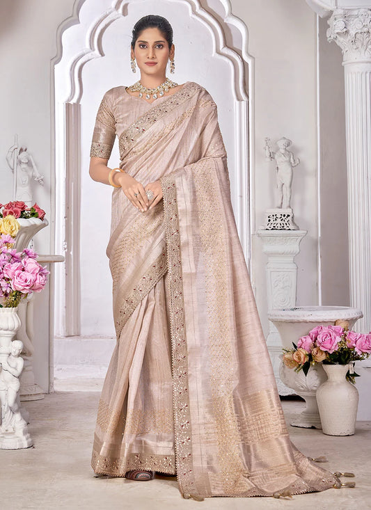 Cream Cord Work Linen Classic Saree for Ceremonial