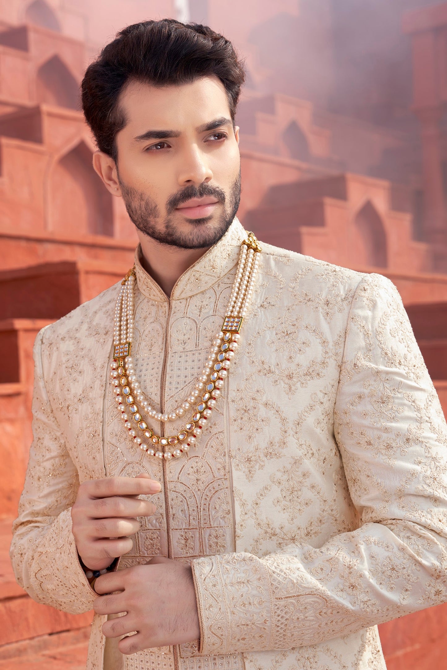 Off-White Silk Jacket Style Sherwani