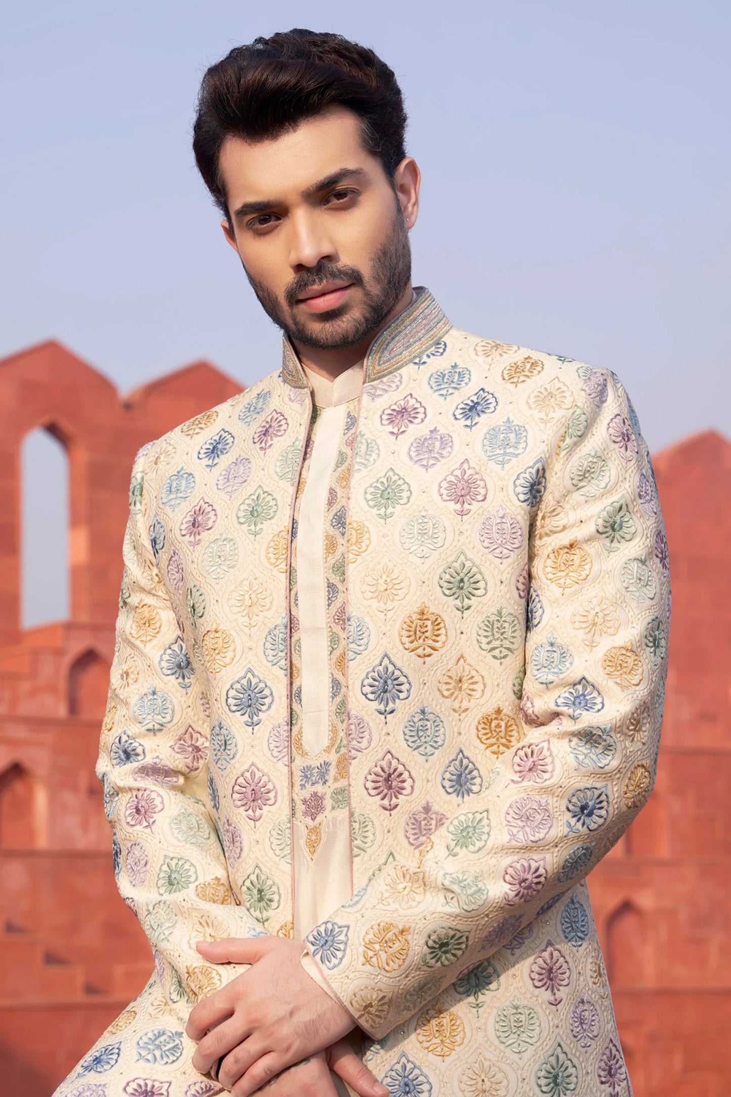 Cream Silk Indo-Western with Multi-Colored Jacket