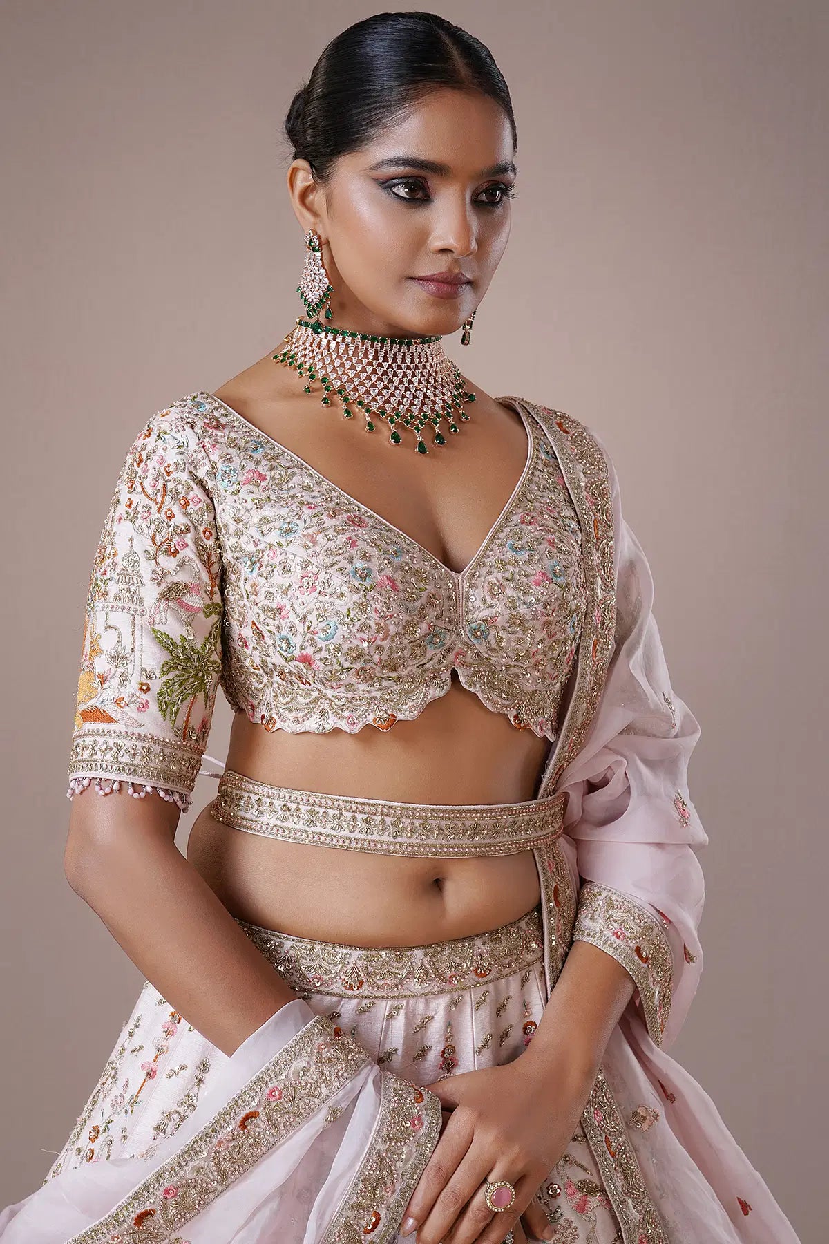 Pale Pink Umbrella Style Silk Bridal Lehenga with Leaf Neck Blouse