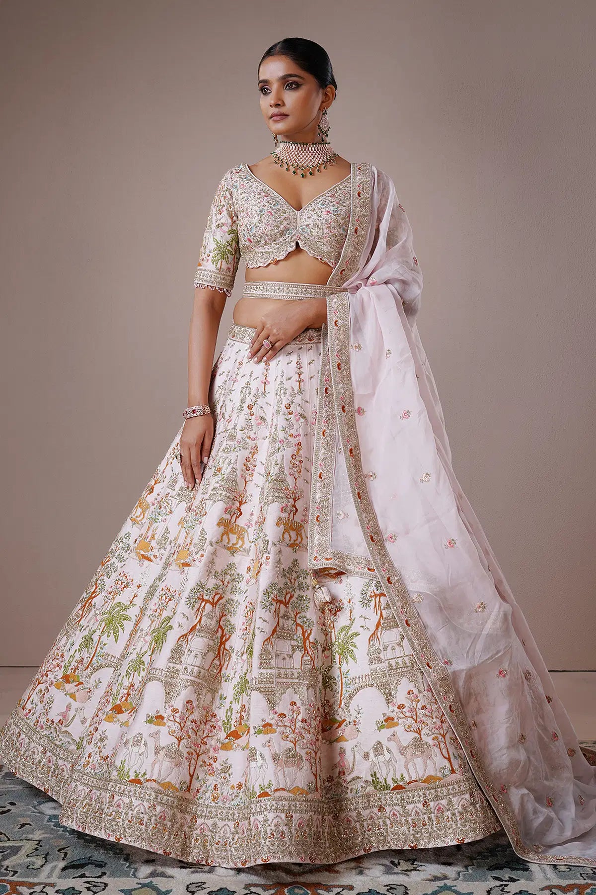 Pale Pink Umbrella Style Silk Bridal Lehenga with Leaf Neck Blouse