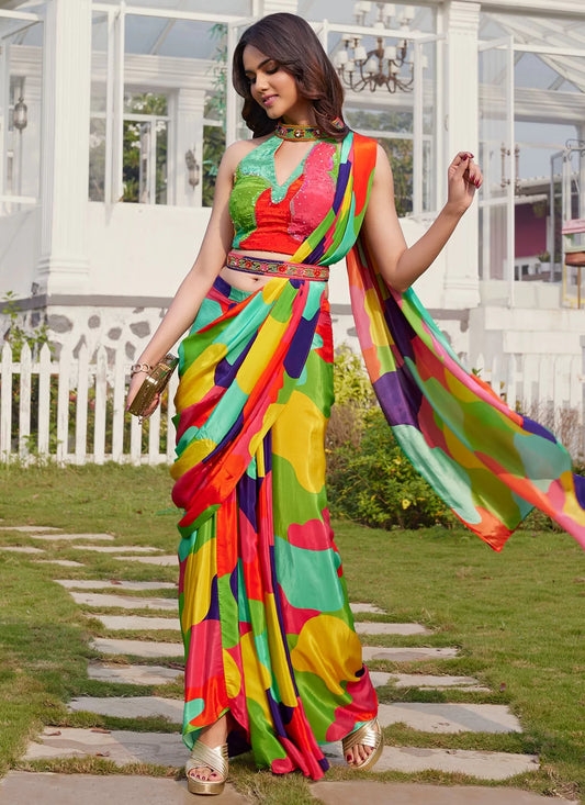 Print Work Silk Traditional Saree In Multi Colour For Ceremonial