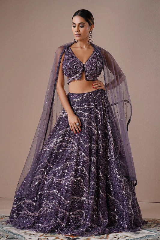 Purple Umbrella Style Net Engagement Lehenga