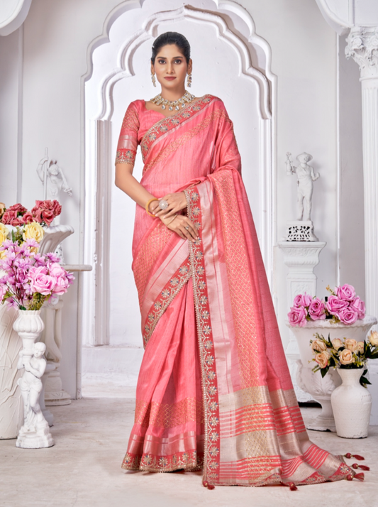 Peach Pink Linen Contemporary Cord Work Saree