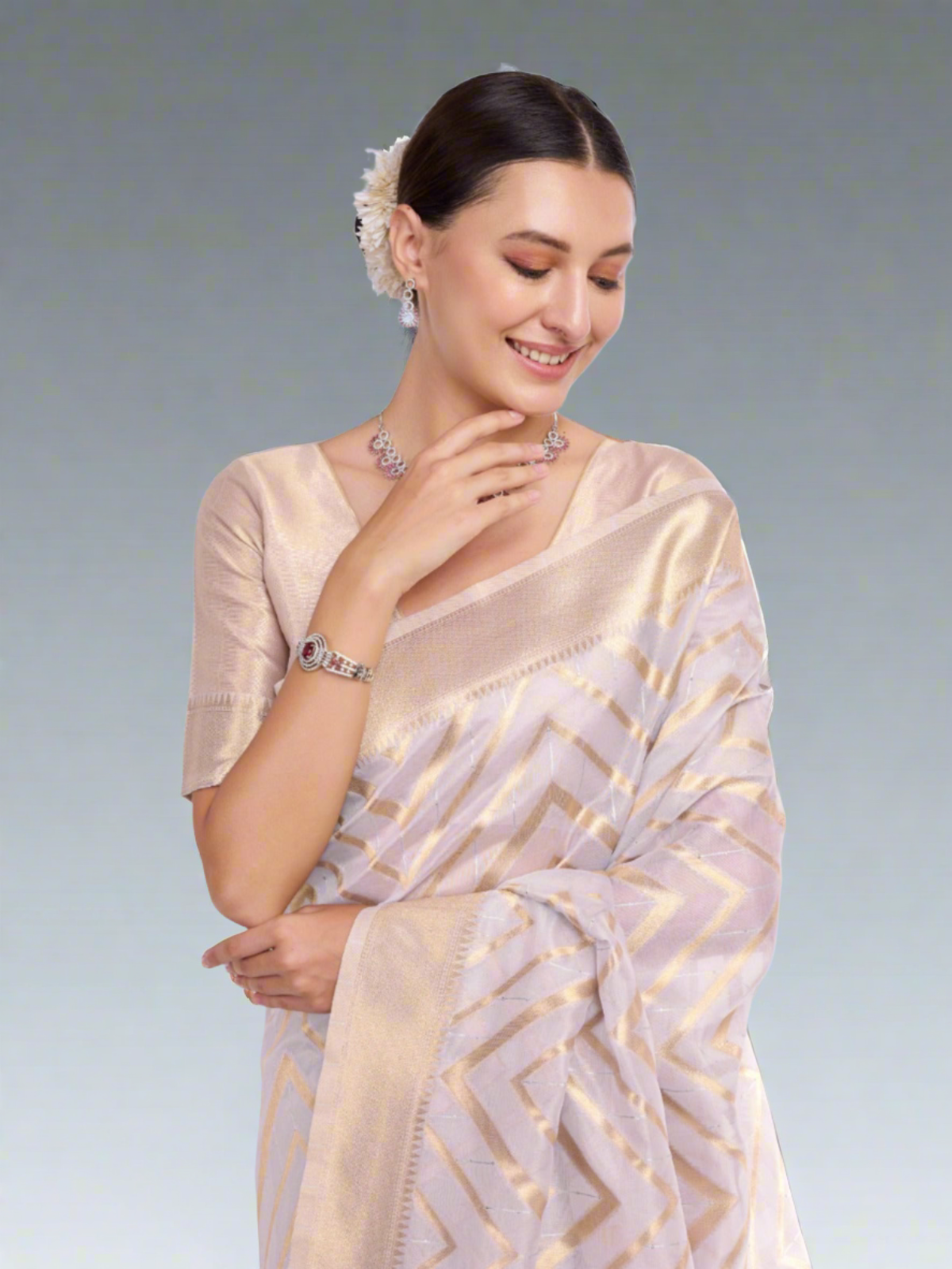 White and Gold Zari Work Silk Saree