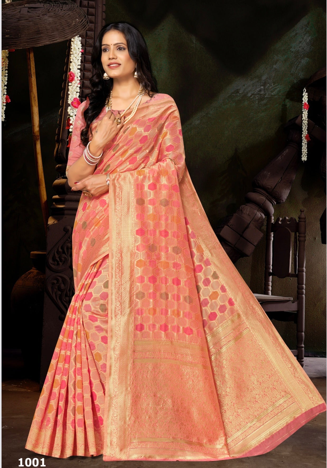 Peach Pink Digital Printed Art Silk Saree