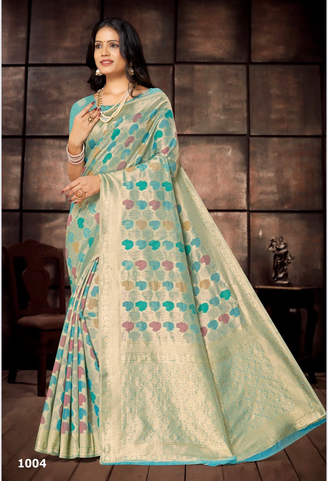 Sky Blue Prints Zari Border Woven Saree