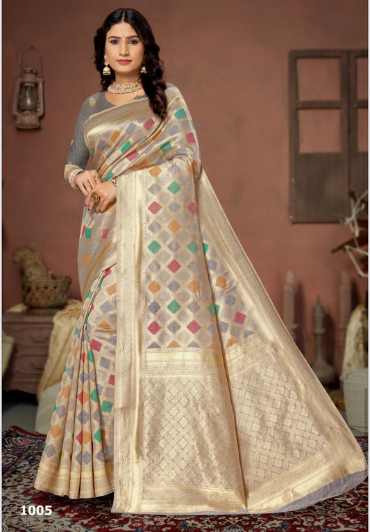 Gray and Gold Chex Design Banarasi Soft Silk Saree