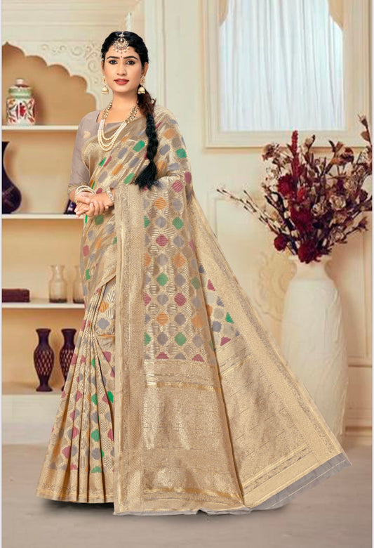 Silver and Gold Chex Design Banarasi Soft Silk Saree