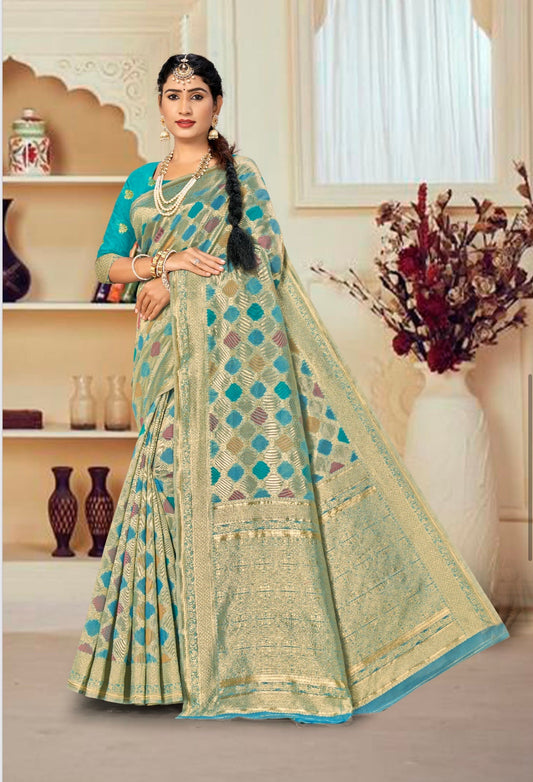 Sky Blue Chex Design Banarasi Soft Silk Saree