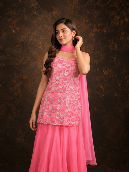 Pink Embroidered Straight Cut Kurta Sharara Set with Sequin Work and Organza Dupatta