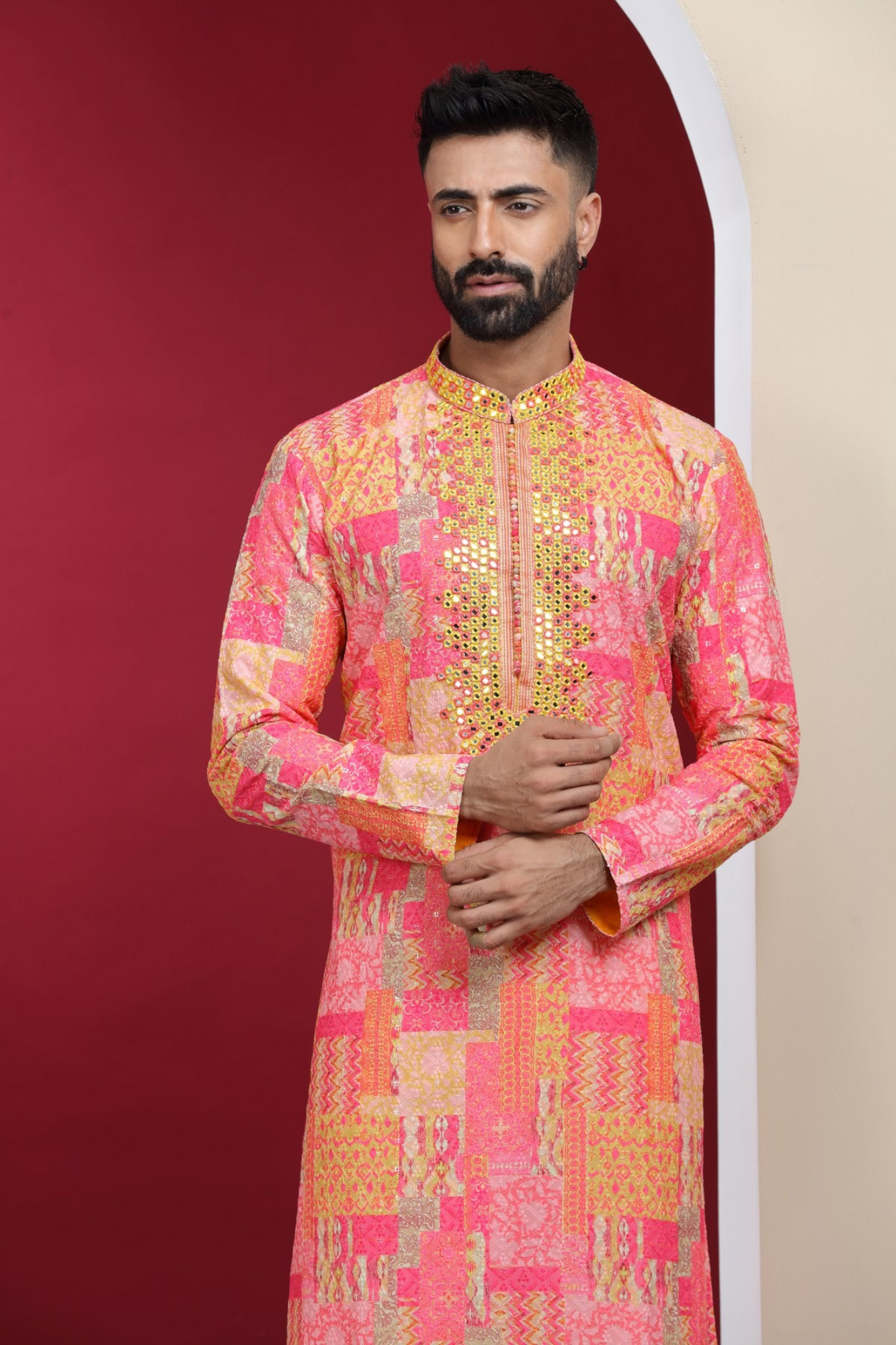 Pink Mirror Work & Printed Kurta Set